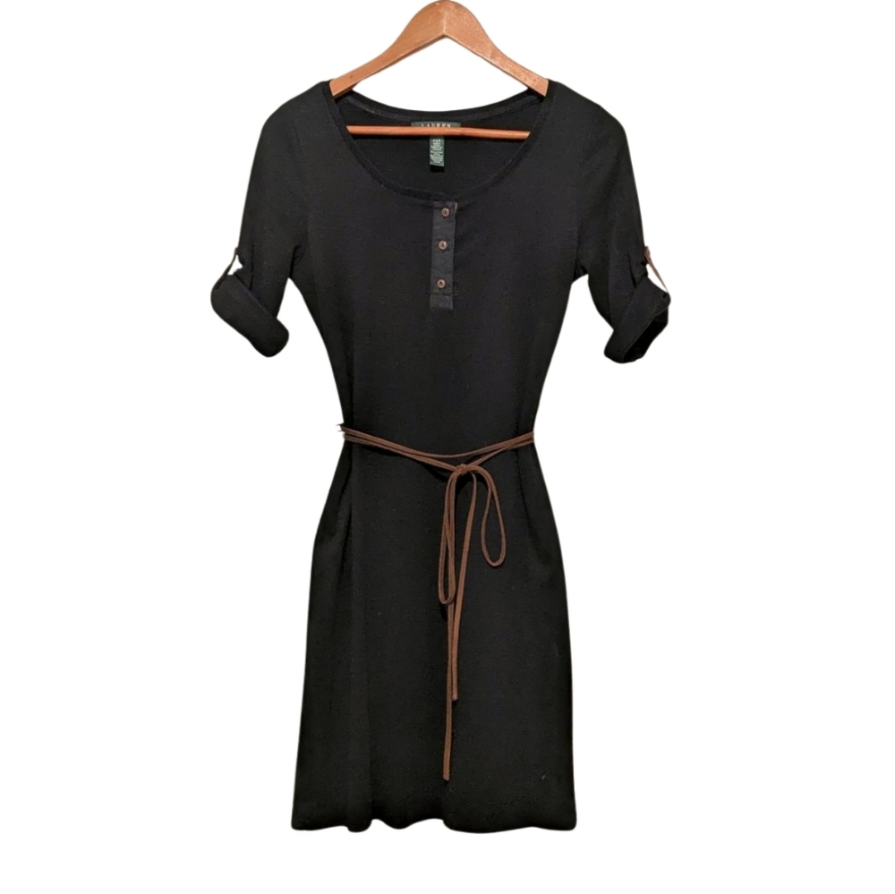 Lauren Ralph Lauren Knit Dress RL Black Henley 3/4 Roll Tab Sleeve PS Petite S